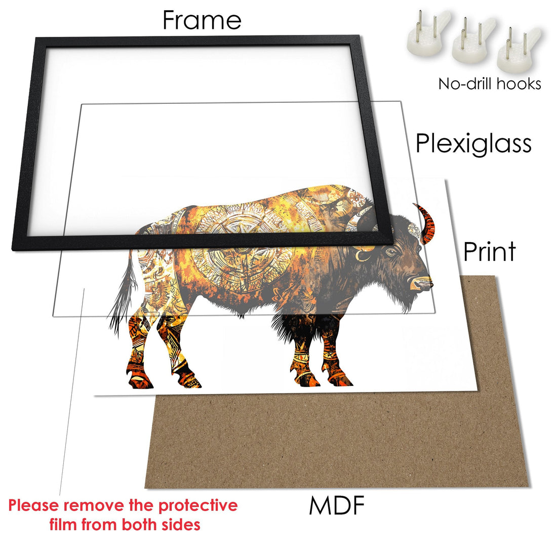 Framed Poster featuring a tribal buffalo art print in warm orange and brown tones. Perfect wall decor!
