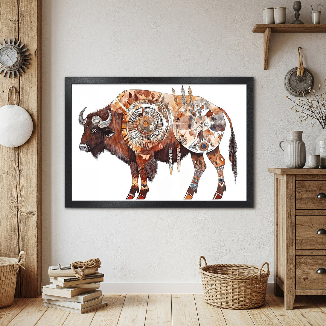 Framed Poster of a watercolor bison with tribal art. Earthy tones and boho style. Perfect wall art decor.