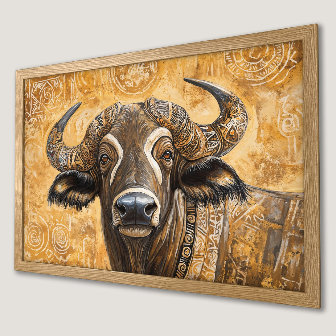 Framed Poster of a majestic bull with tribal art details. Warm, earthy color palette. Perfect art for your home!