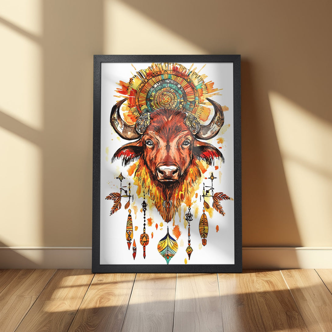 Framed Poster featuring a watercolor buffalo with tribal design. Warm orange, yellow, and brown color palette. Perfect wall art!