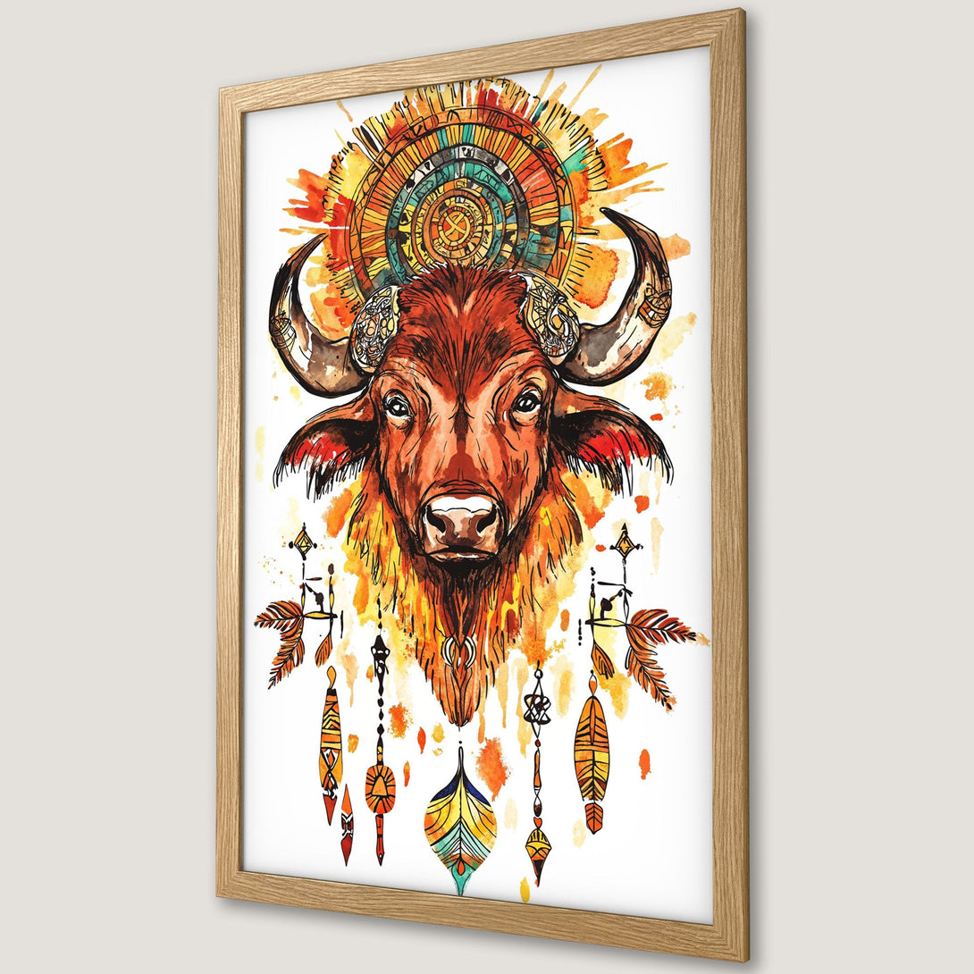 Framed Poster featuring a watercolor bison with tribal elements. Warm orange, yellow, and brown color palette. Perfect wall art for a boho vibe.