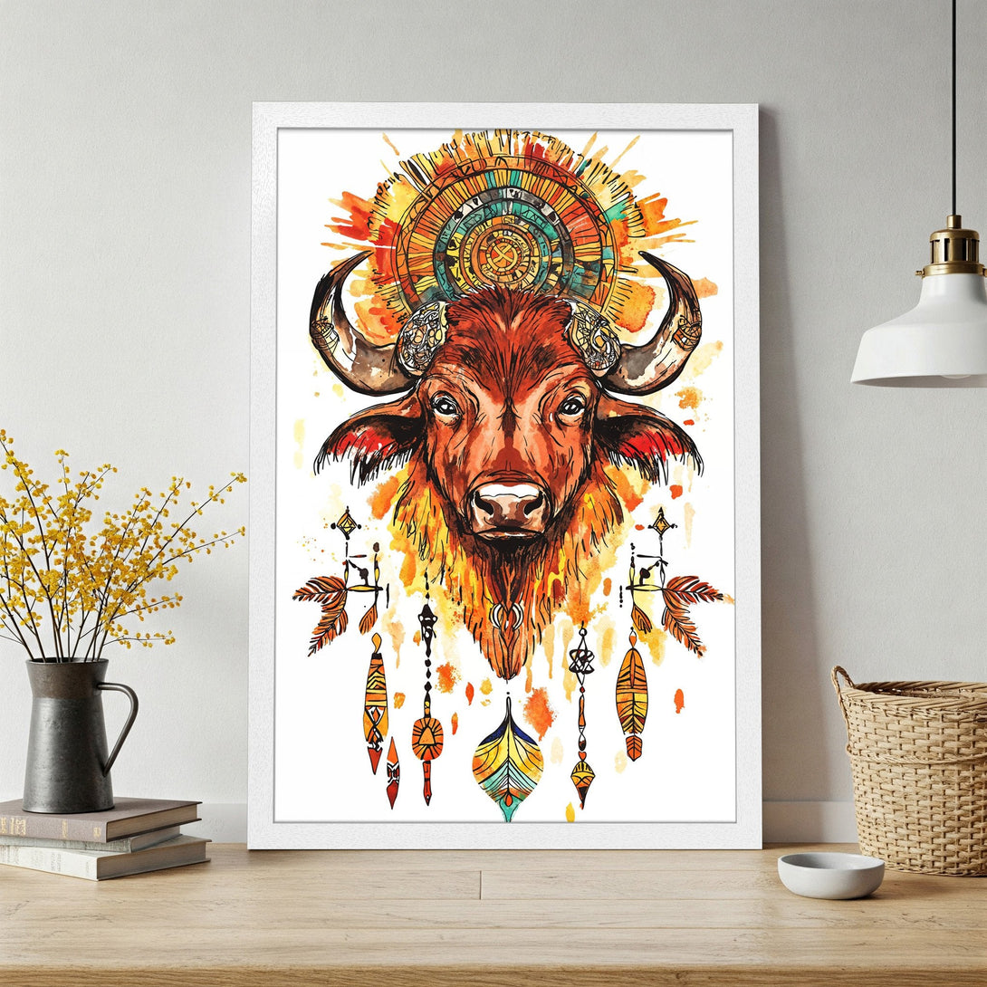 Framed Poster of a watercolor bull with a tribal headdress. Warm orange and yellow color palette, perfect for boho decor.