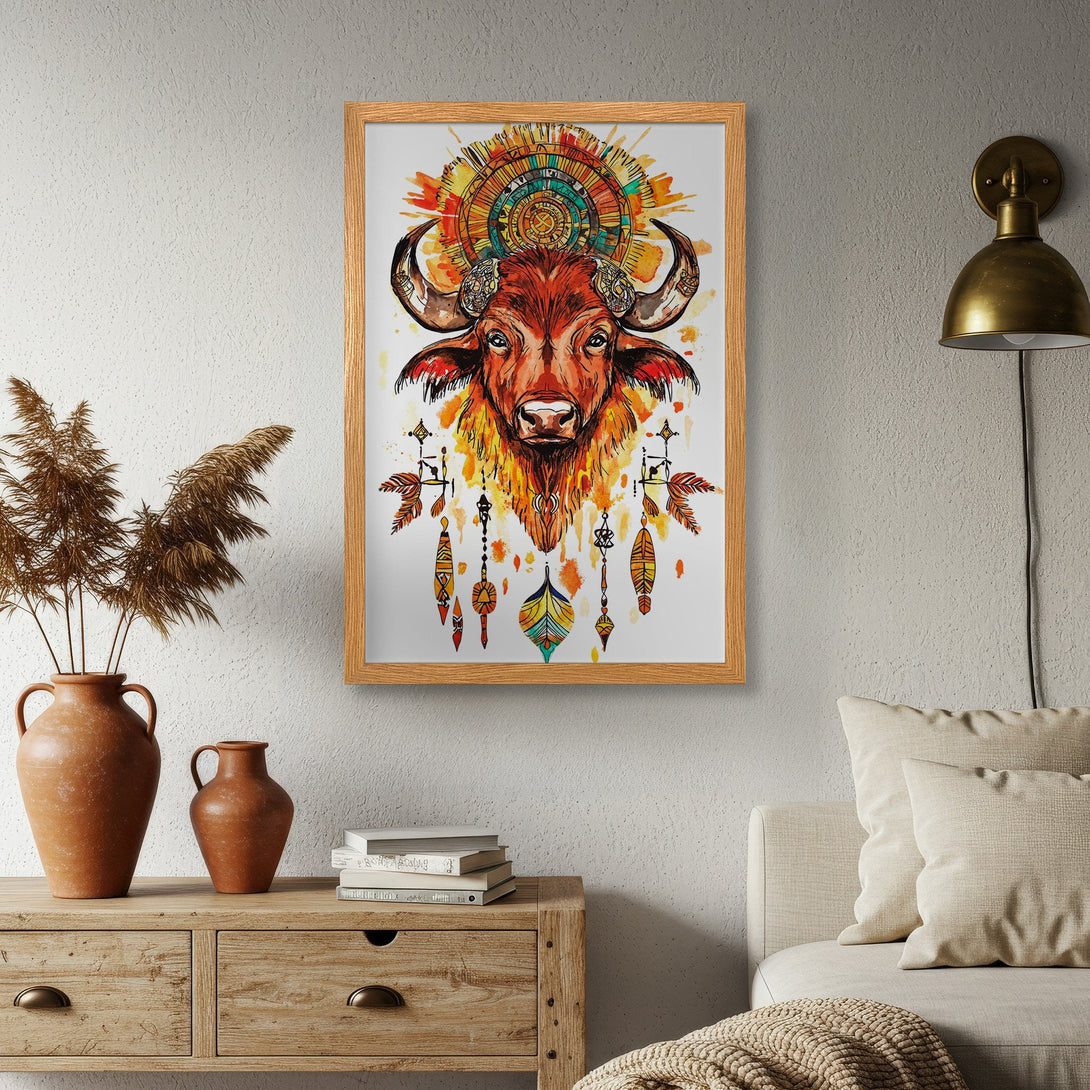 Framed Poster featuring a watercolor bull with Native American headdress. Warm orange and yellow color palette, perfect for boho decor.