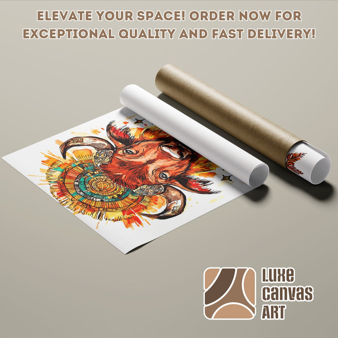 Watercolor style Poster Roll featuring a bull with warm orange, yellow, and brown tones. Elevate your space with Luxe Canvas Art!