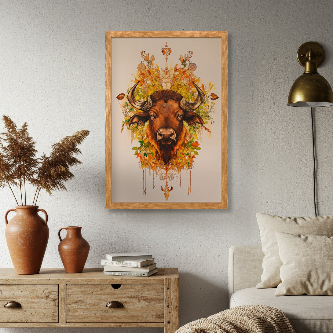 Framed Poster featuring a bull with floral accents, warm earthy tones. Perfect wall art to elevate your space.
