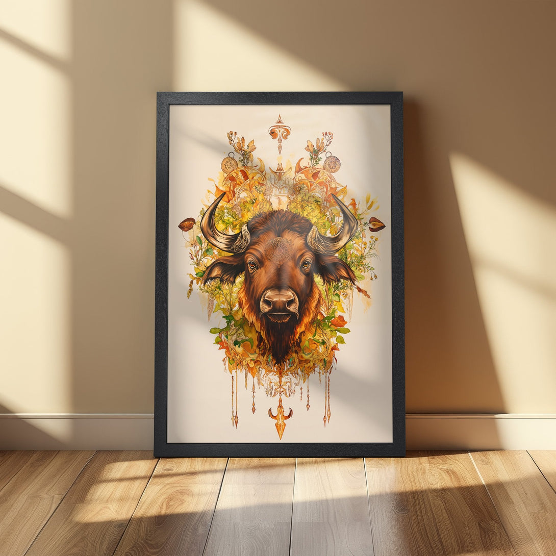 Framed Poster featuring a detailed bull illustration with floral elements, warm color palette, perfect for home decor.