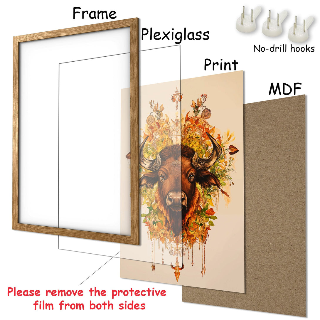 Framed Poster featuring a bull illustration in a warm, earthy color palette. Perfect wall art for a stylish home!
