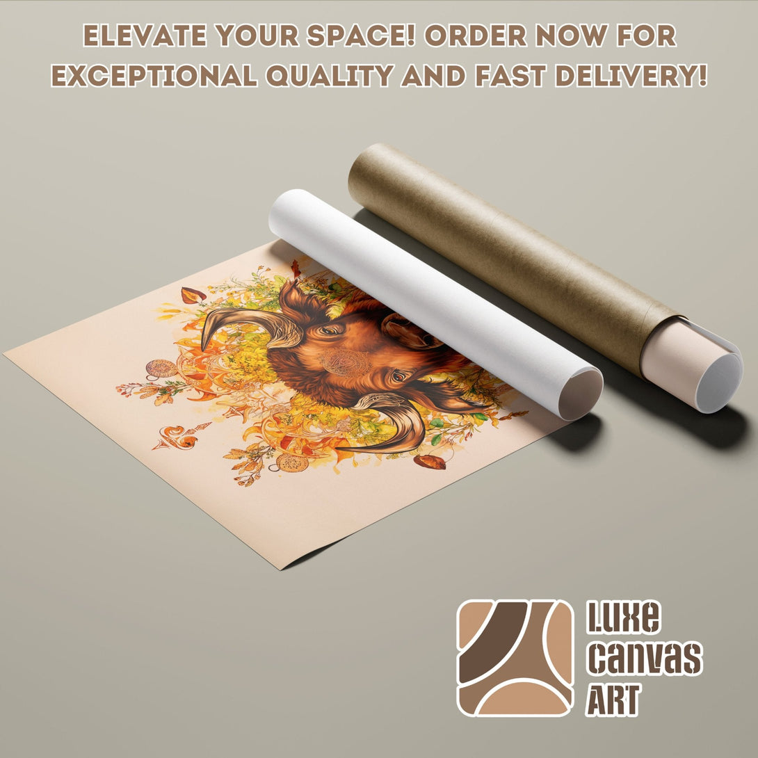 Poster Roll featuring a bull illustration in warm earth tones. Enhance your space with this unique art poster!