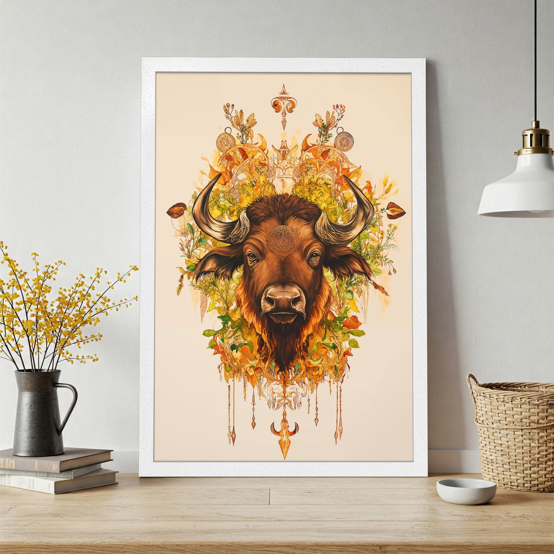 Framed Poster featuring a bull illustration in watercolor style, warm earth tones with gold accents, perfect for home decor.