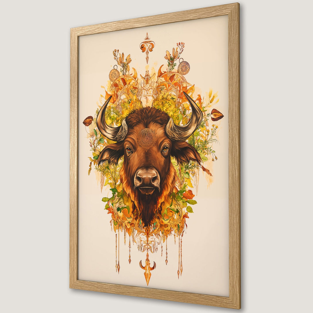 Framed Poster featuring a watercolor bison with floral elements. Warm earth tones and vibrant colors create a stunning art piece.
