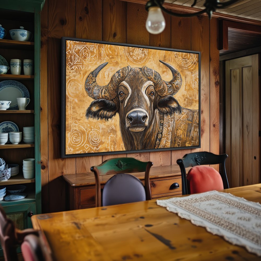 Framed Wall Art: Majestic buffalo art in warm earth tones. Bring a touch of rustic elegance to your space with this stunning canvas print.