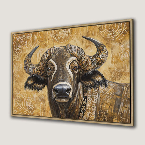 Framed Wall Art: Majestic buffalo portrait in warm brown and gold tones. Tribal-inspired art for a stylish home. Canvas Print available.