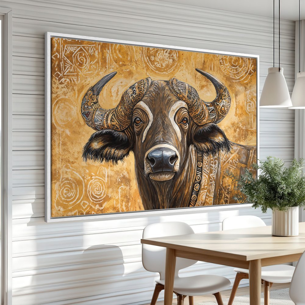 Framed Wall Art: Majestic buffalo painting in warm brown and gold tones. Add a touch of African-inspired art to your home decor.