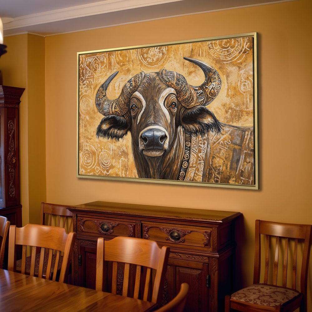 Canvas Print of a majestic buffalo, warm gold and brown tones, tribal style art, perfect for living room decor.