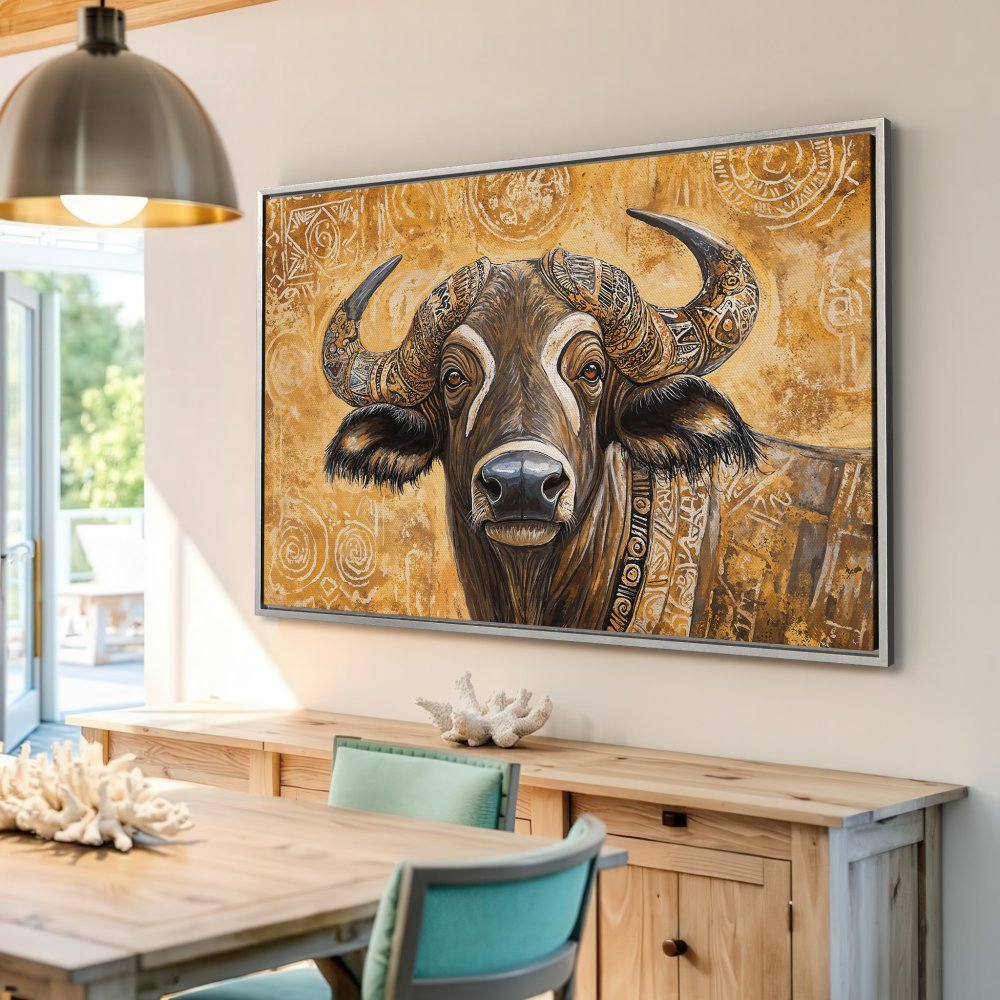 Framed Wall Art: Majestic buffalo portrait in warm gold and brown tones. Add a touch of African-inspired art to your home decor.