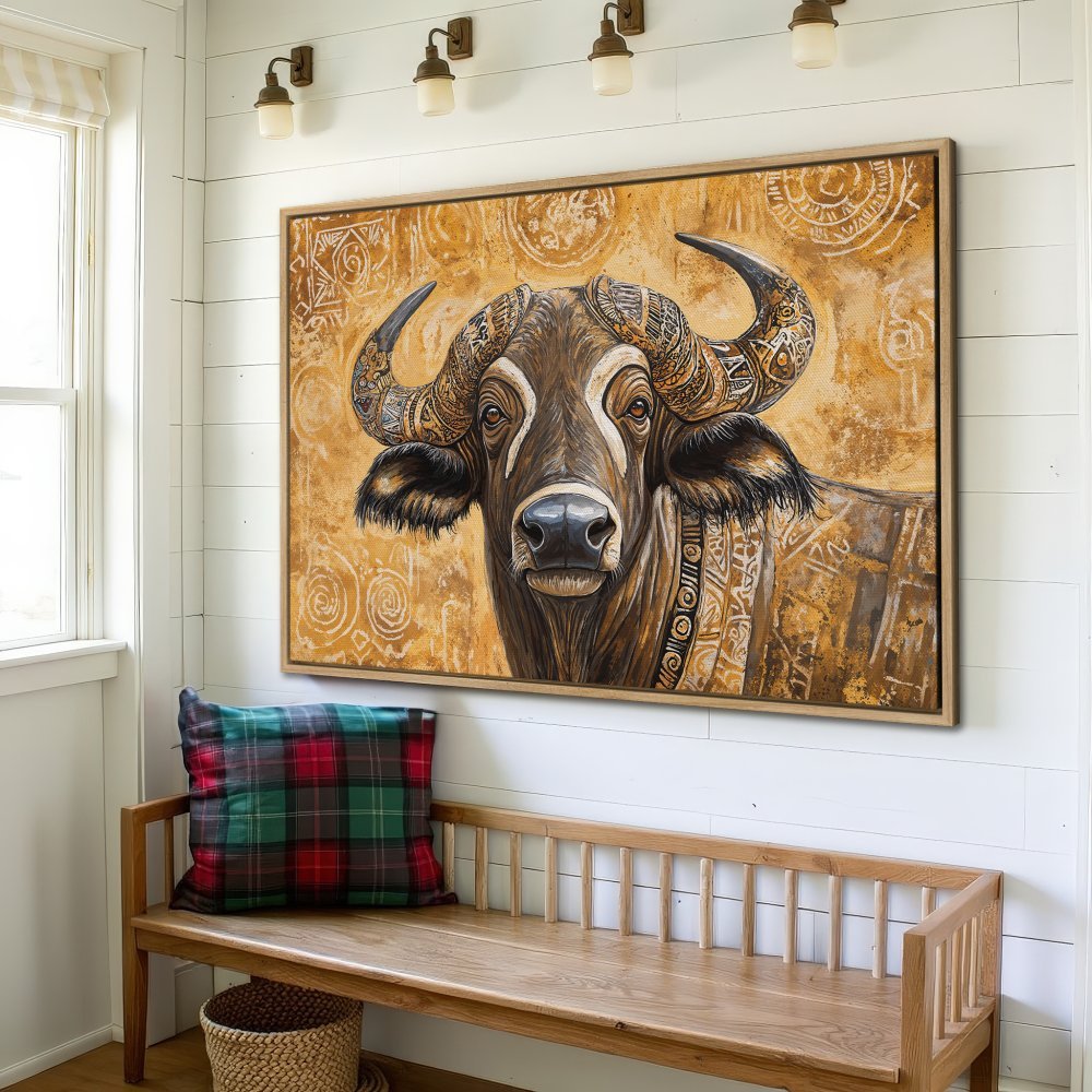 Framed Wall Art: Majestic buffalo portrait in warm gold and brown tones. Elevate your space with this stunning canvas print!