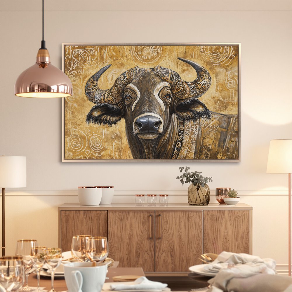 Framed Wall Art: Majestic buffalo portrait in warm gold and brown tones. Add a touch of African-inspired art to your home decor.