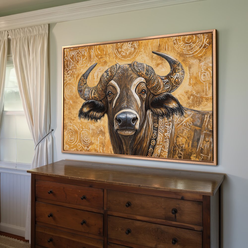 Framed Wall Art: Stunning buffalo portrait in warm gold and brown tones. Add a touch of African-inspired art to your home!