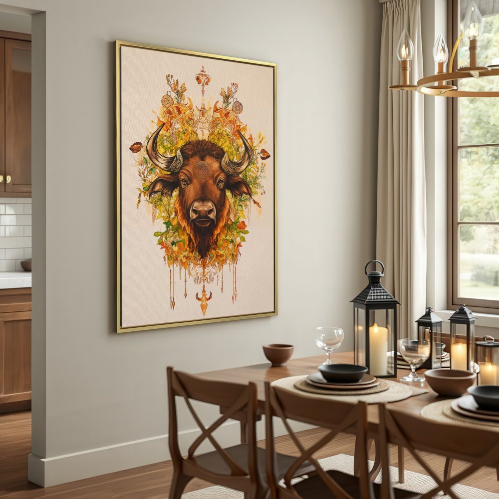 Canvas Print: Majestic bison art with floral accents, warm earth tones. Rustic wall decor for a cozy interior.