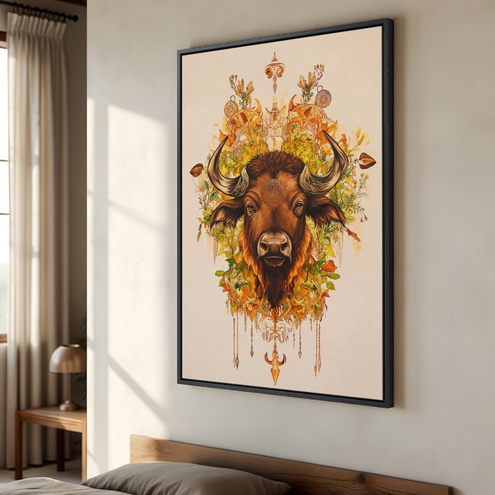 Framed Wall Art: Stunning buffalo portrait in warm earth tones. Watercolor style Canvas Print adds rustic charm to any room. Shop now!