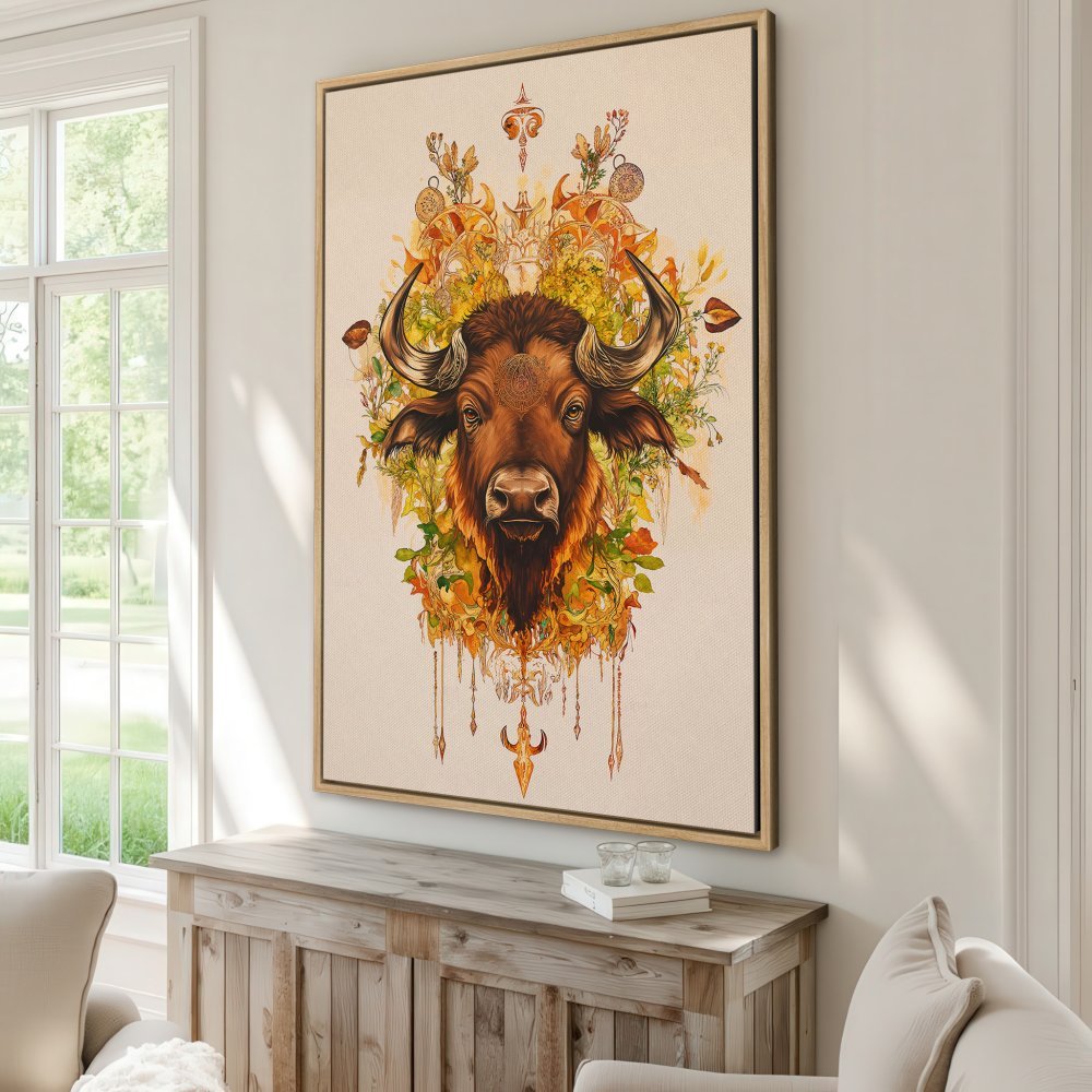Framed Wall Art featuring a majestic bison in warm, earthy tones. Add a touch of nature-inspired art to your home decor.