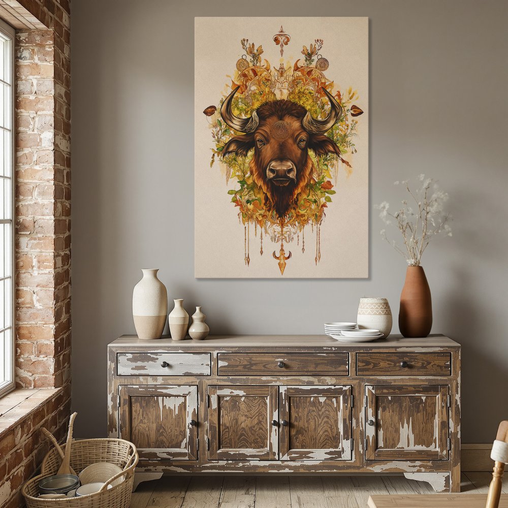 Framed Wall Art: Majestic buffalo portrait in warm earth tones. Boho style Canvas Print adds rustic charm to dining room decor.