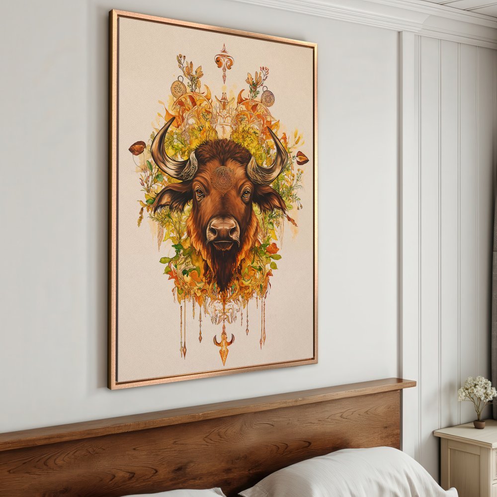 Framed Wall Art: Stunning bison portrait in warm earth tones. Bohemian style canvas print adds a touch of nature and elegance to any space.
