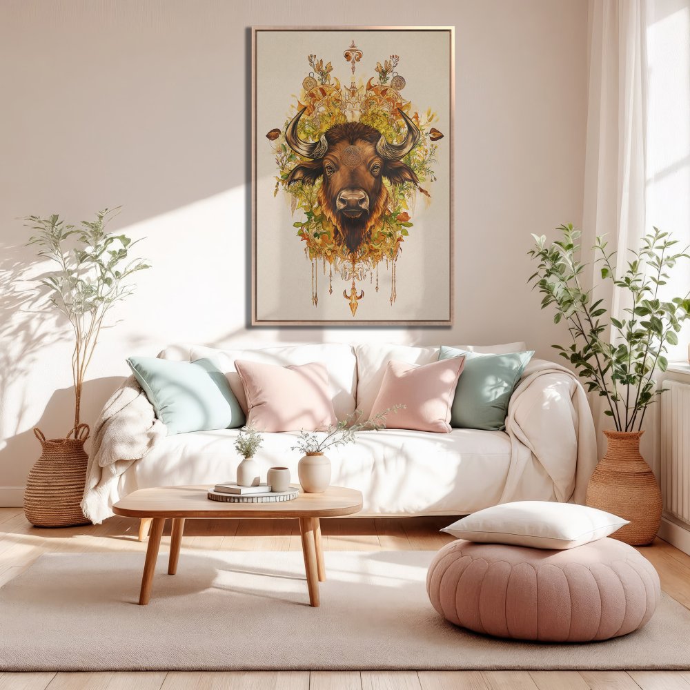 Framed Wall Art: Bison portrait in warm earthy tones. Bohemian style canvas print adds a touch of nature to any living room.