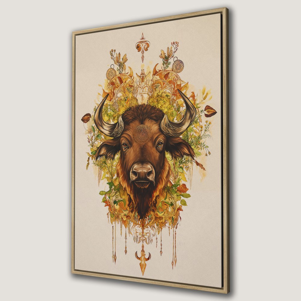 Framed Wall Art: Majestic buffalo portrait in warm earth tones. Boho style canvas print adds a touch of nature and elegance to your home decor.