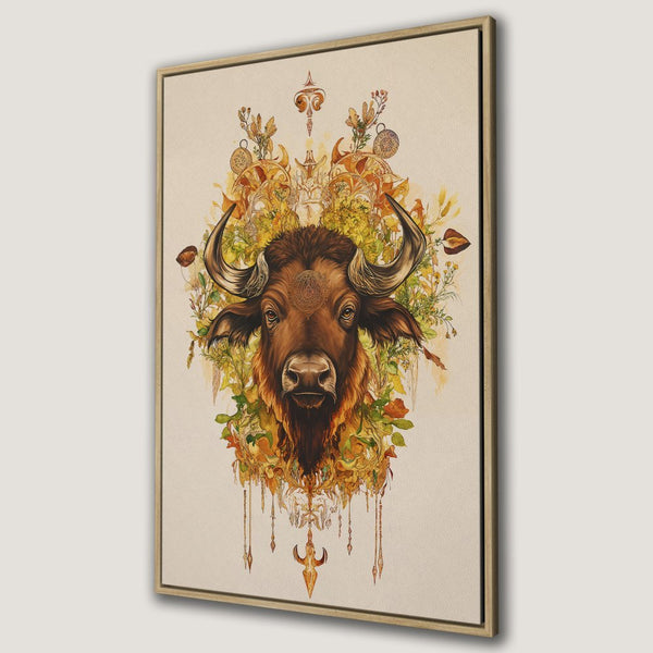 Framed Wall Art: Majestic buffalo portrait in warm earth tones. Boho style canvas print adds a touch of nature and elegance to your home decor.