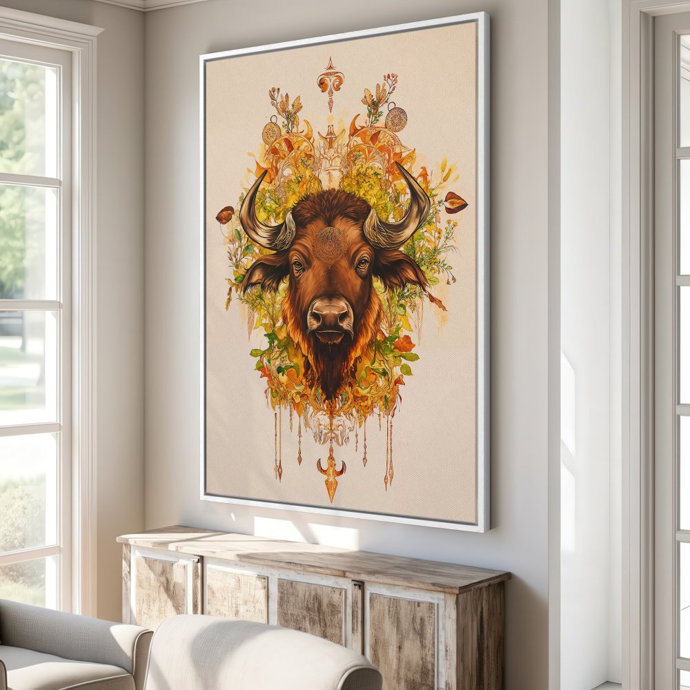 Framed Wall Art: Majestic bison portrait in warm earth tones. Add a touch of nature-inspired elegance to your space with this stunning canvas print.