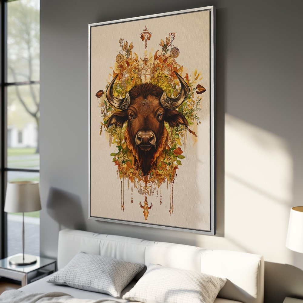 Framed Wall Art: Majestic buffalo portrait in warm earth tones. Boho style Canvas Print adds a touch of nature and elegance to any space.