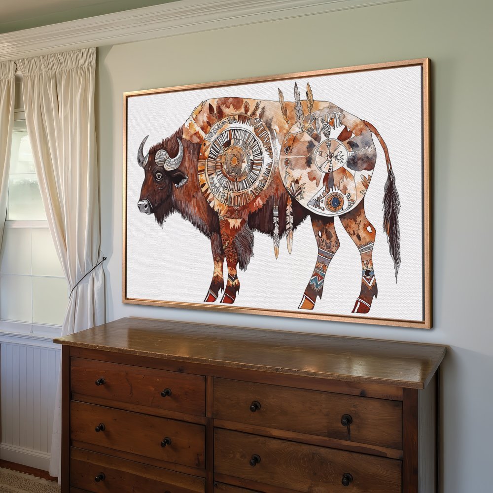 Framed Wall Art: Watercolor bison print in warm earth tones. Boho style canvas art for living room or bedroom decor.