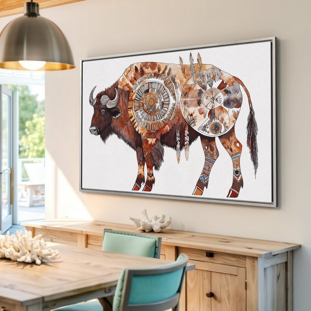 Framed Wall Art: Watercolor bison print in warm earth tones. Boho-chic style canvas art for living room or dining room decor.