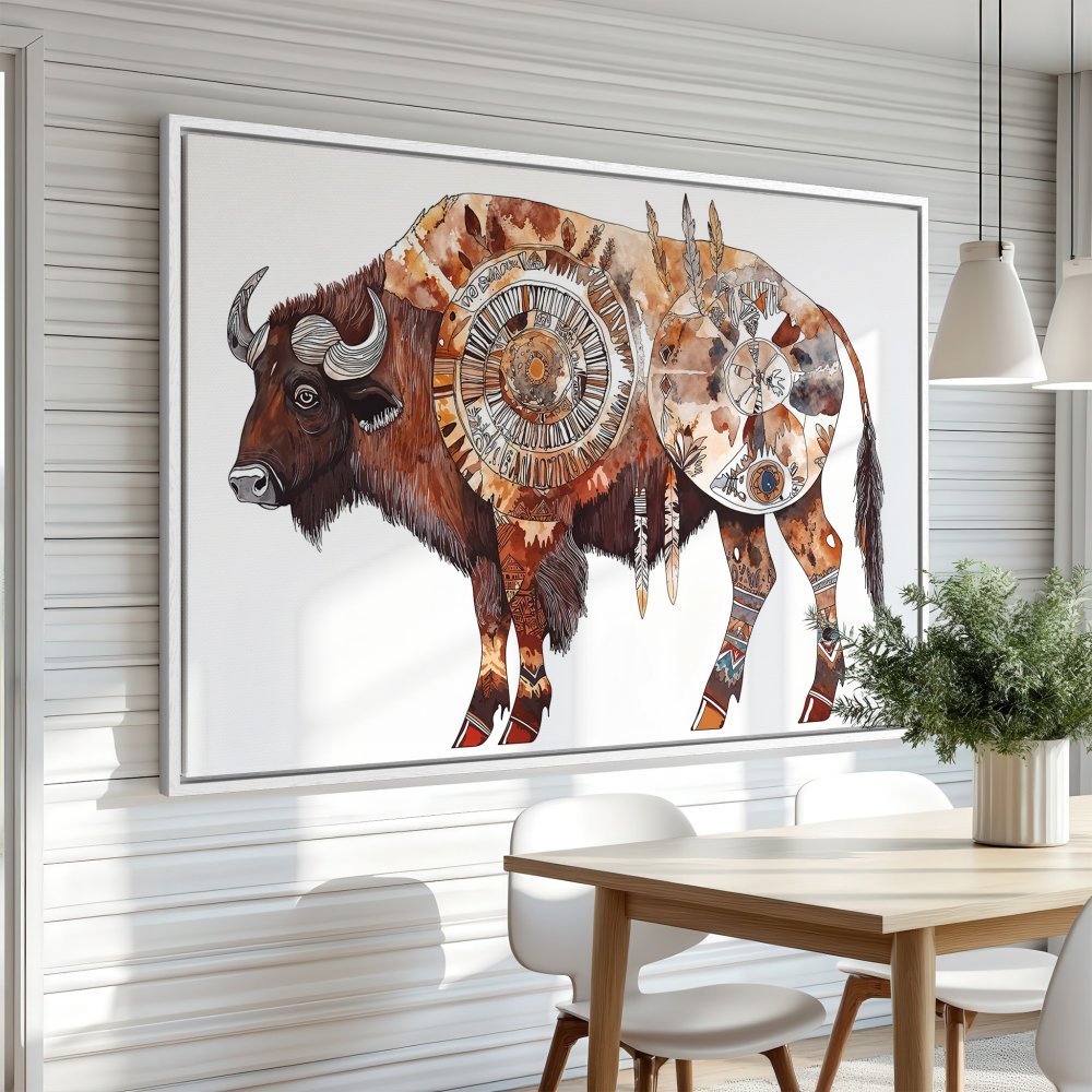 Framed Wall Art: Watercolor bison print in warm brown tones. Native American inspired artwork perfect for any space!
