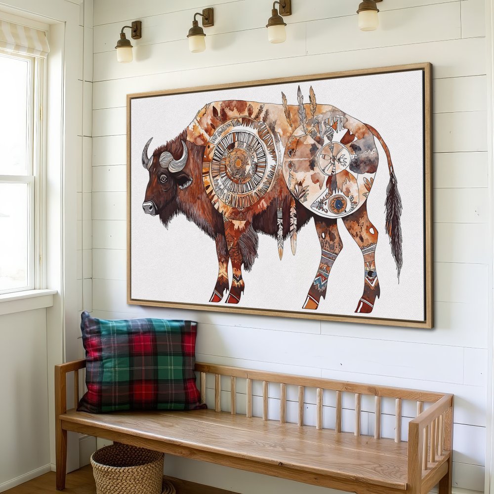 Framed Wall Art: Watercolor bison print in warm earth tones. Rustic, boho style Canvas Print adds a touch of nature to your home decor.