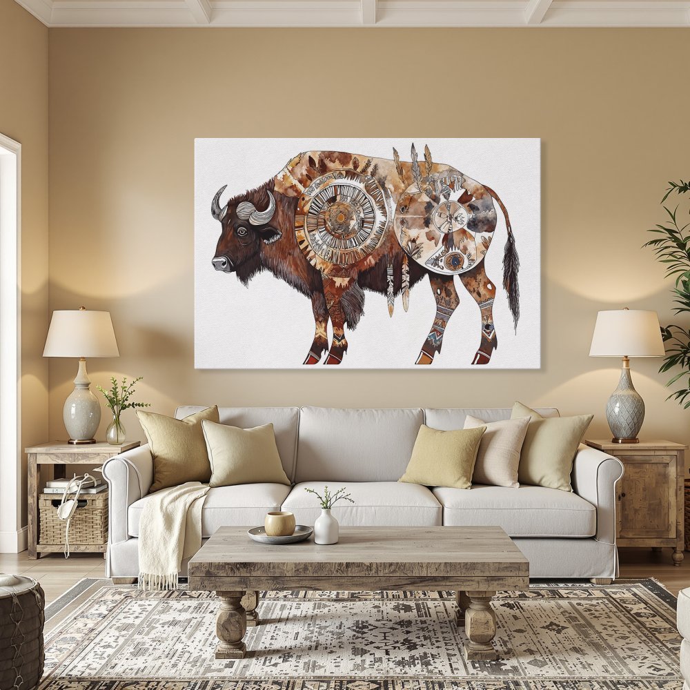 Framed Wall Art: Watercolor bison print with tribal details in warm brown and orange tones. Perfect for rustic or bohemian decor.