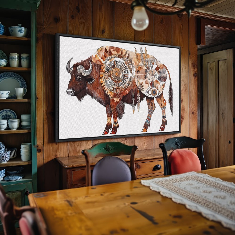 Framed Wall Art: Watercolor bison print in warm earth tones. Rustic decor for your home. Shop now!