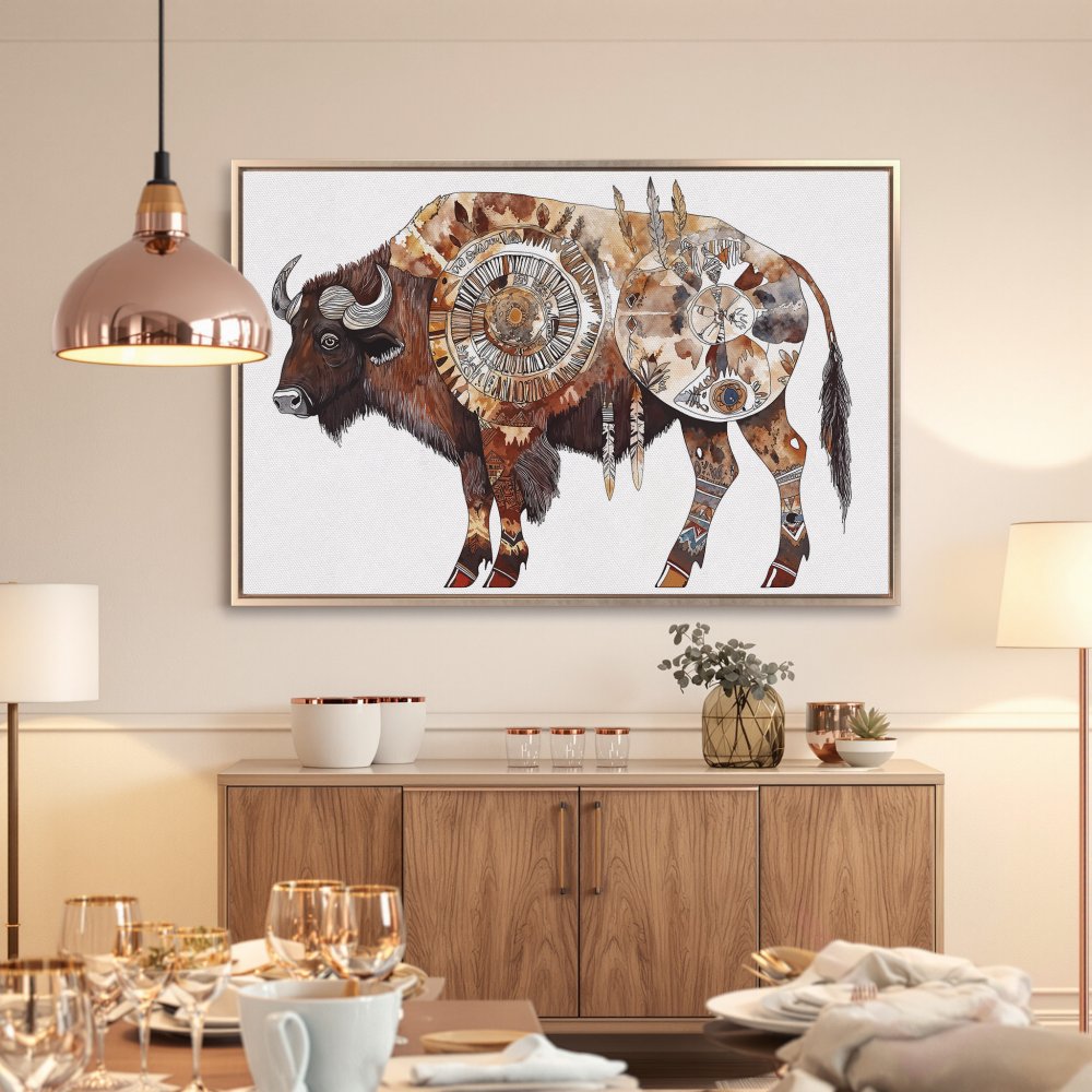 Framed Wall Art: Watercolor bison print in warm earth tones. Add a touch of bohemian style to your home decor with this stunning canvas print.
