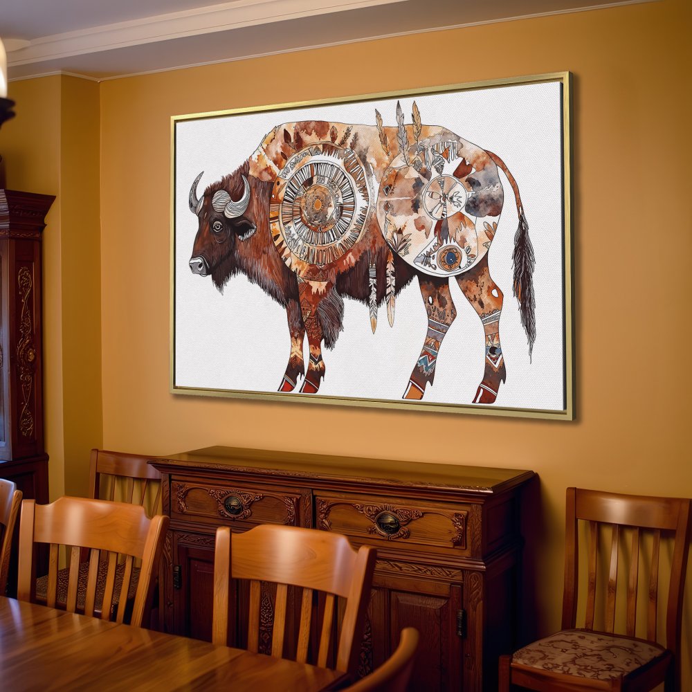 Canvas Print of a majestic bison in boho style, featuring warm brown and beige tones, perfect for living room decor.