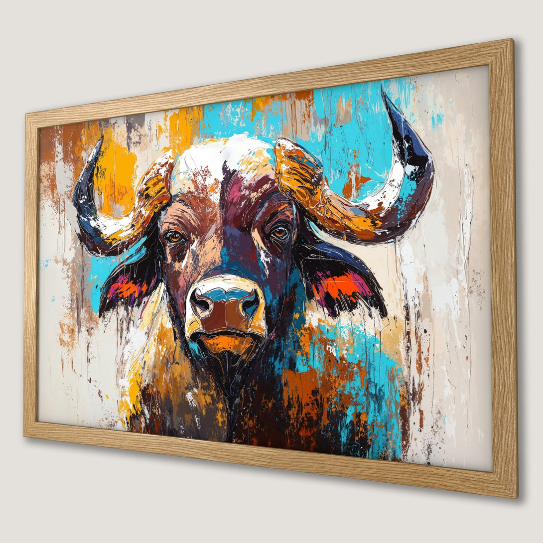 Framed Poster of a buffalo in abstract style with a vibrant color palette of blue, orange, and brown. Perfect wall art!