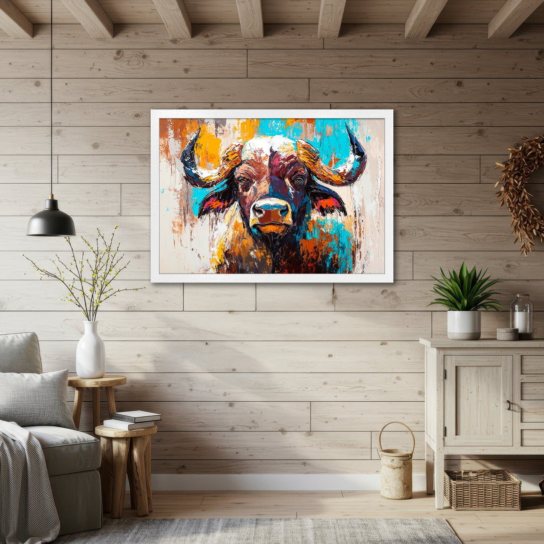 Framed Poster featuring a vibrant buffalo painting in an expressive, colorful style. Perfect wall art for home decor.