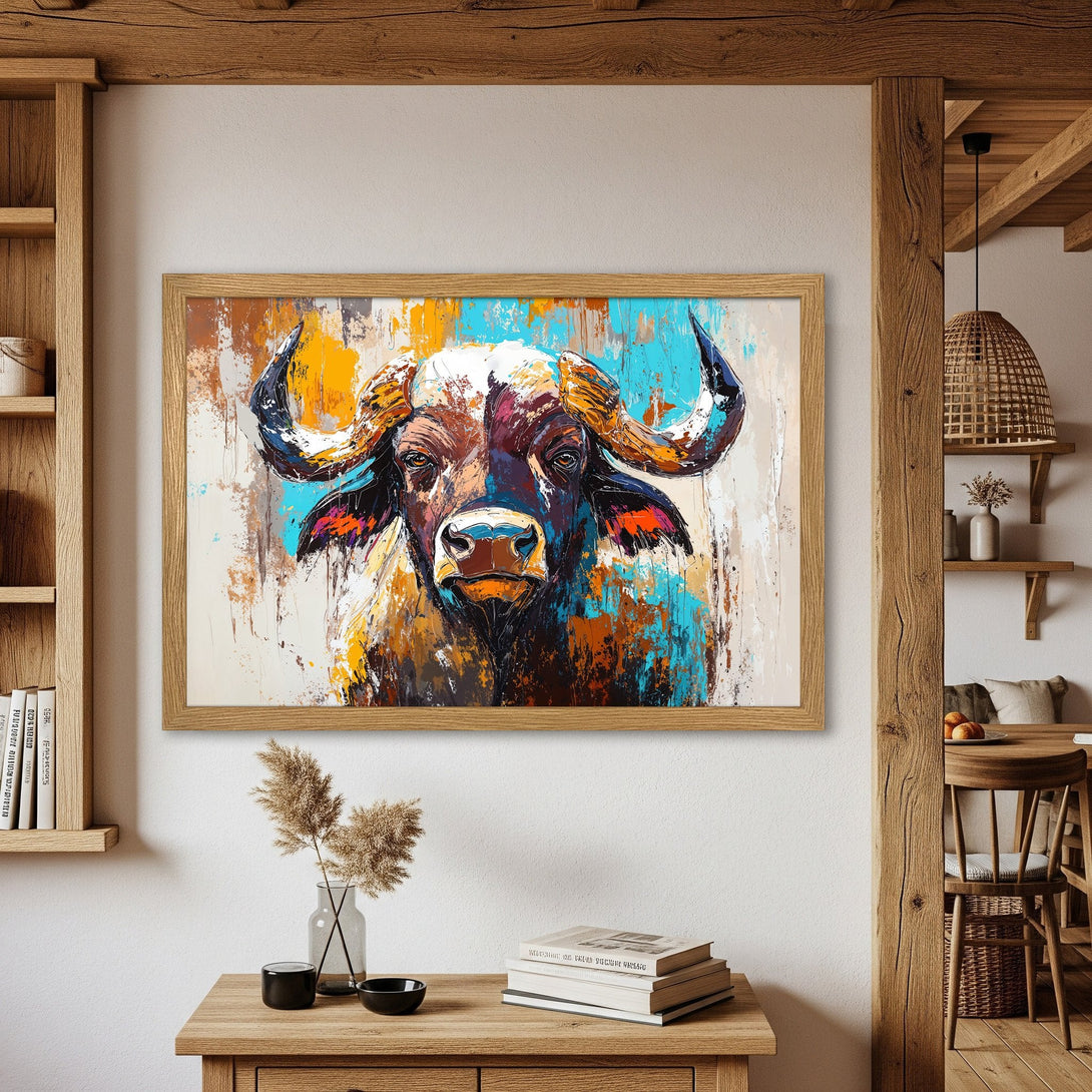 Framed Poster featuring a vibrant buffalo painting. Bold abstract style with a warm color palette of orange, blue, and brown. Perfect wall art!