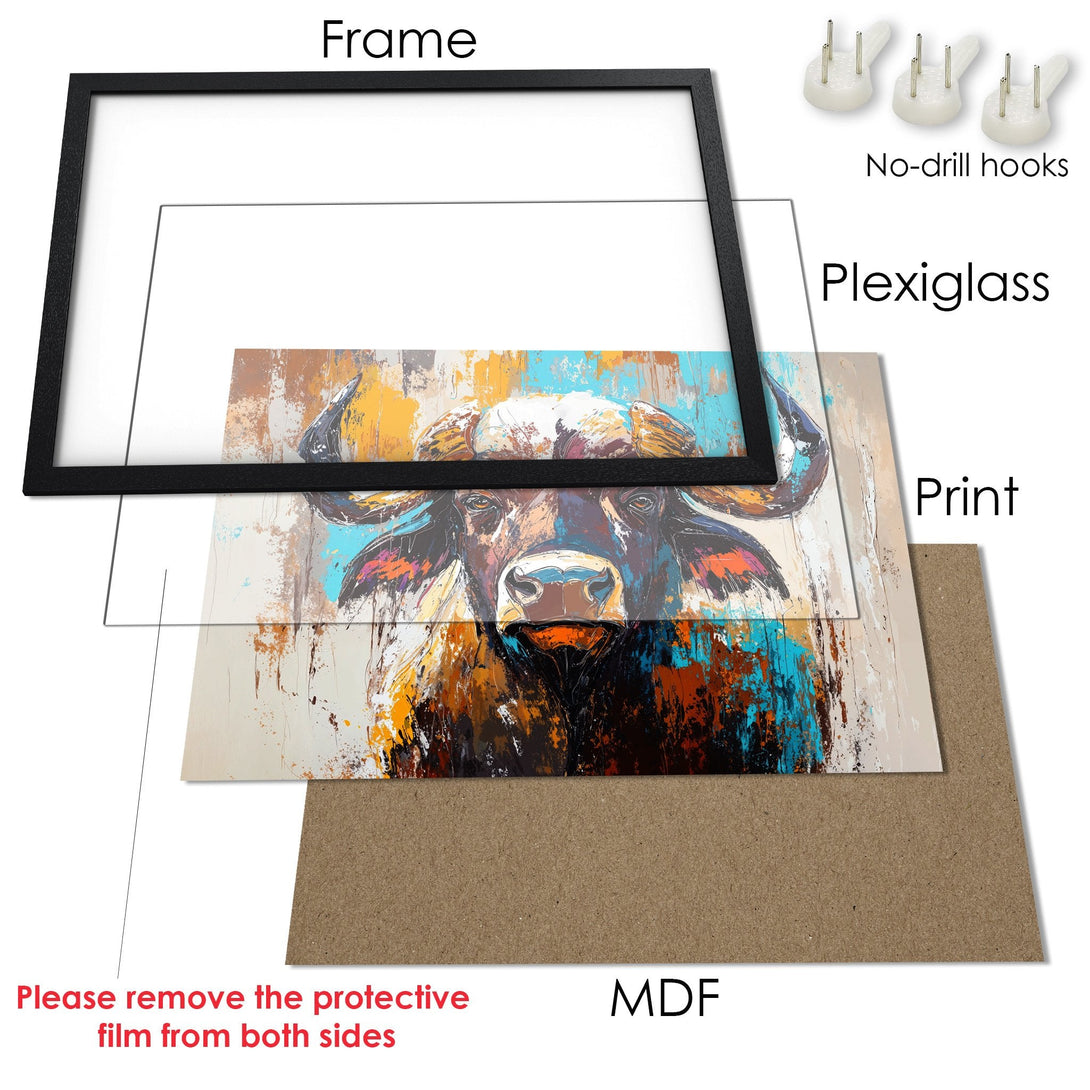 Framed Poster: Abstract buffalo art print in vibrant colors. Perfect wall decor for modern homes. Shop now!
