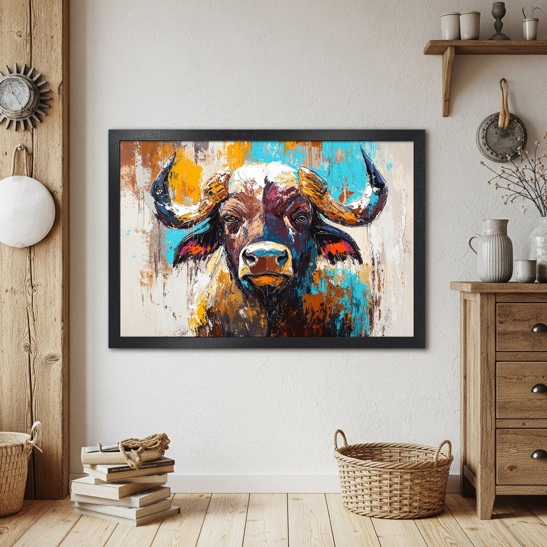 Framed Poster of a buffalo in abstract style with a vibrant color palette of blue, orange, and brown. Perfect wall art!