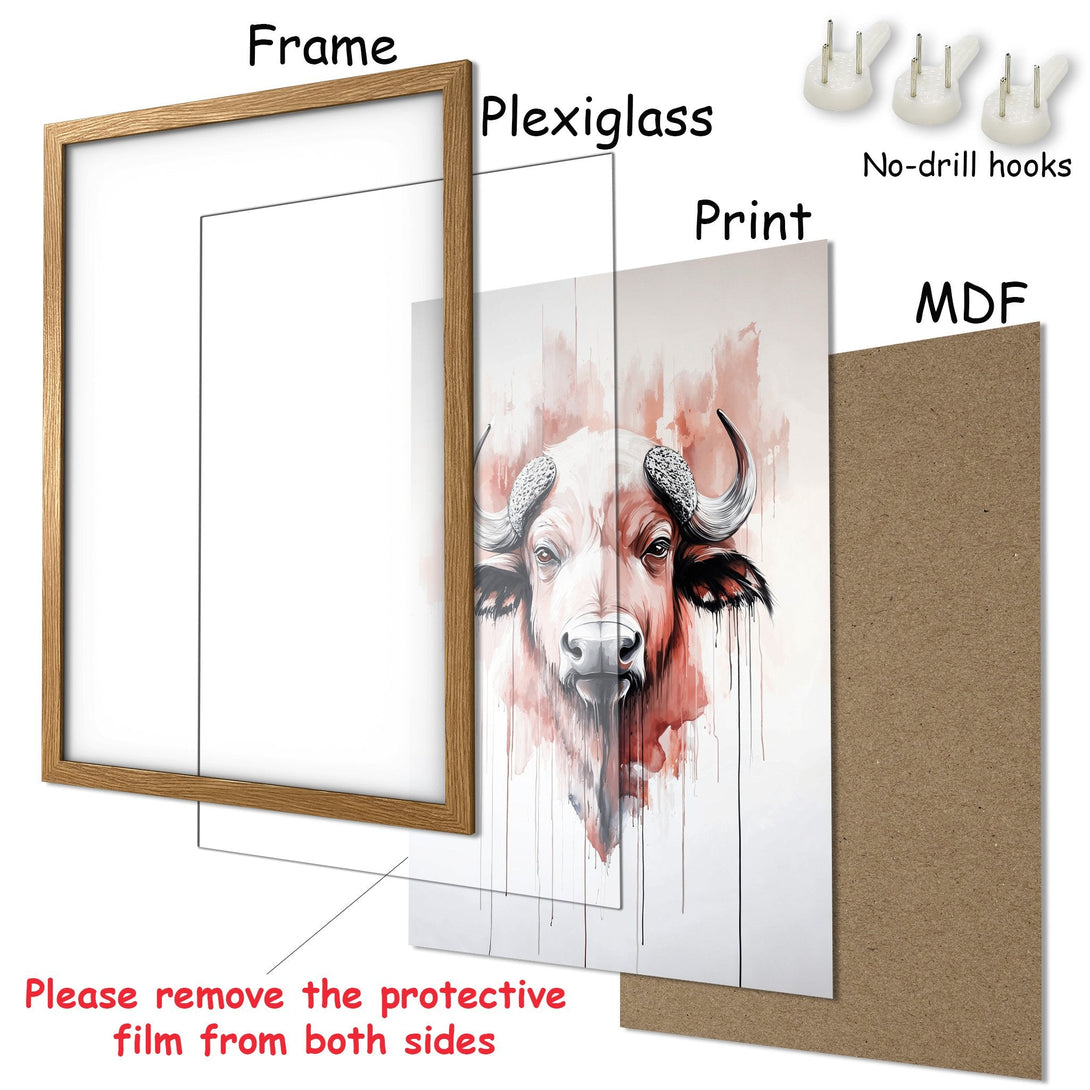Framed Poster featuring a buffalo in watercolor style, with a warm red and brown color palette. Ready to hang!