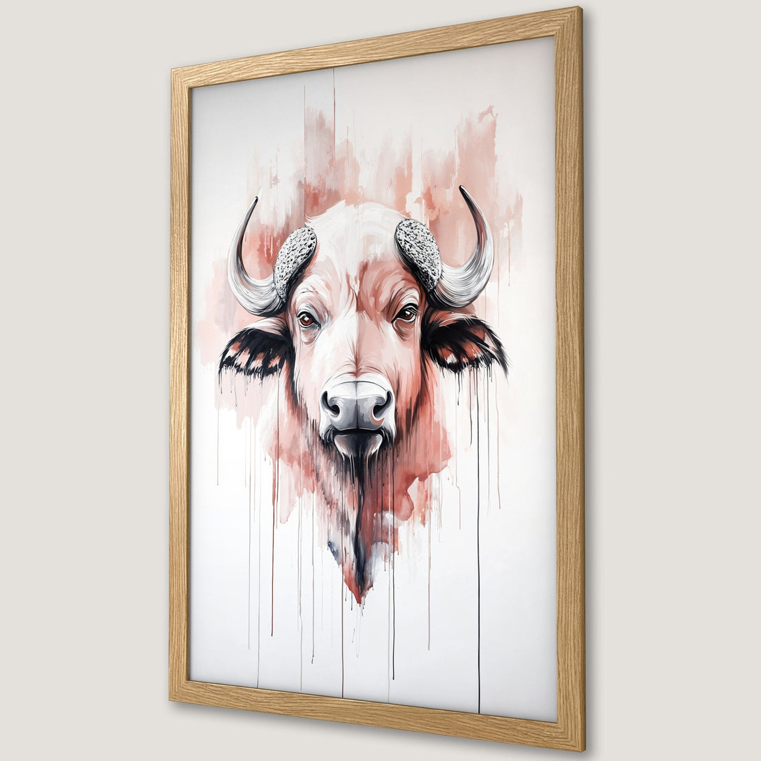 Framed Poster featuring a watercolor style buffalo portrait in a red and white color palette, perfect wall art for any room.