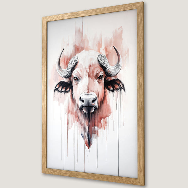 Framed Poster featuring a watercolor style buffalo portrait in a red and white color palette, perfect wall art for any room.