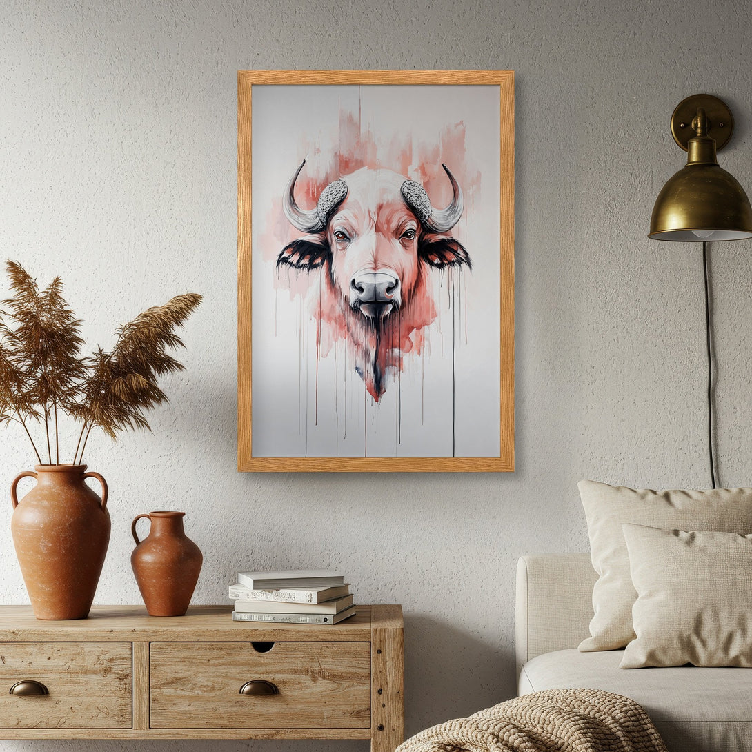 Framed Poster featuring a watercolor-style buffalo portrait in a red and neutral color palette. Add a touch of rustic charm to your home!