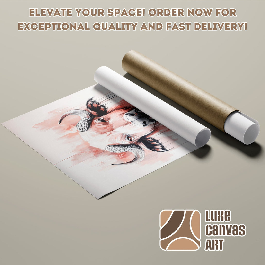 Poster Roll featuring a watercolor bull artwork, warm color palette. Elevate your space with stunning art. Order now!